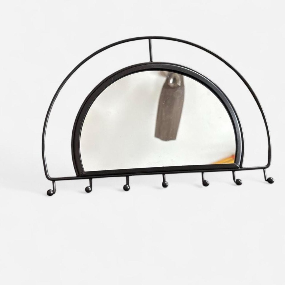 Modern Black Half-Moon Wall Mirror with Hooks
